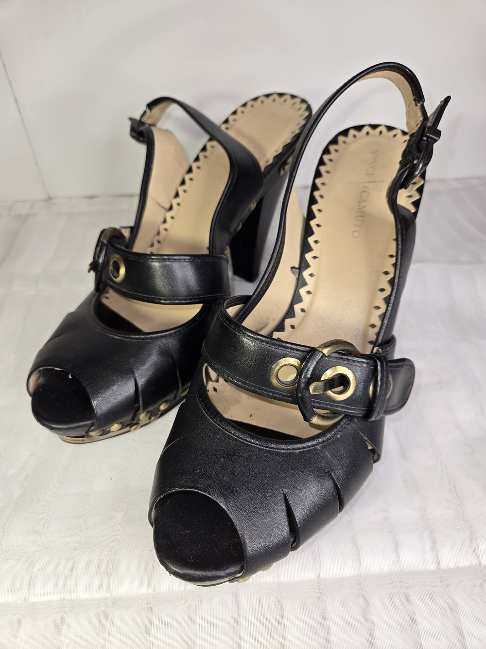 Vince Camuto Black Peep-Toe Slingback Heels with Gold Buckle